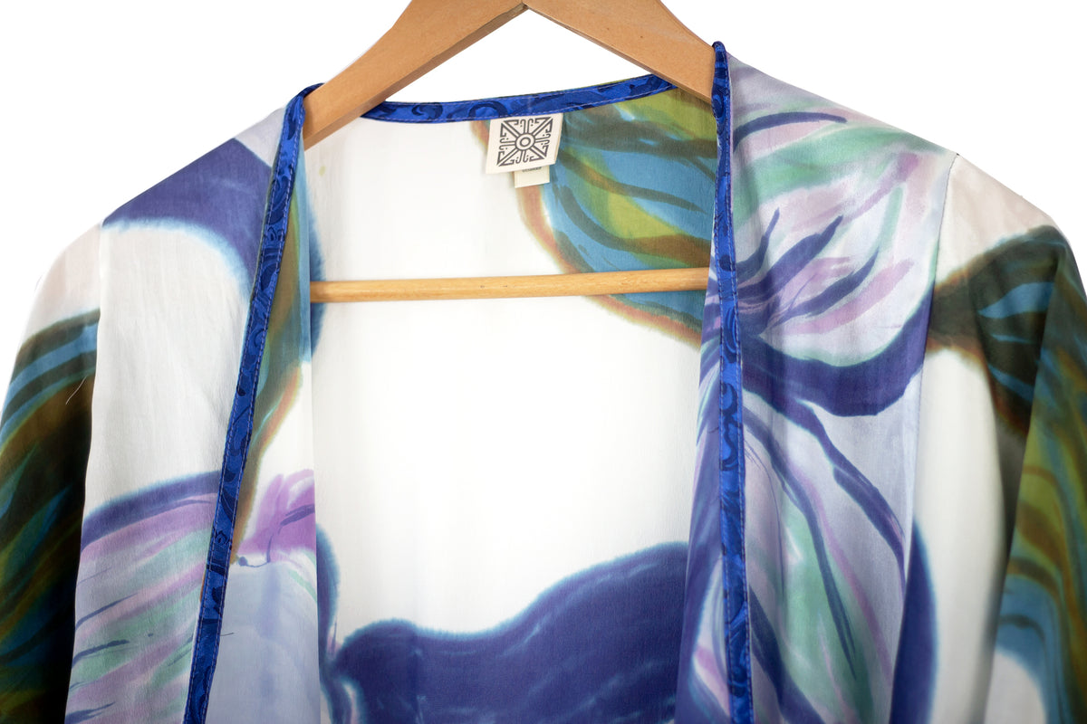 Hand Painted Silk Kimono (Mid Length) - Blue Magnolia