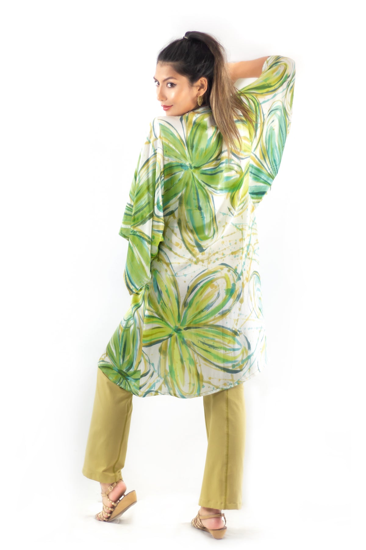 Hand Painted Silk Kimono (Mid Length) - Flower Power