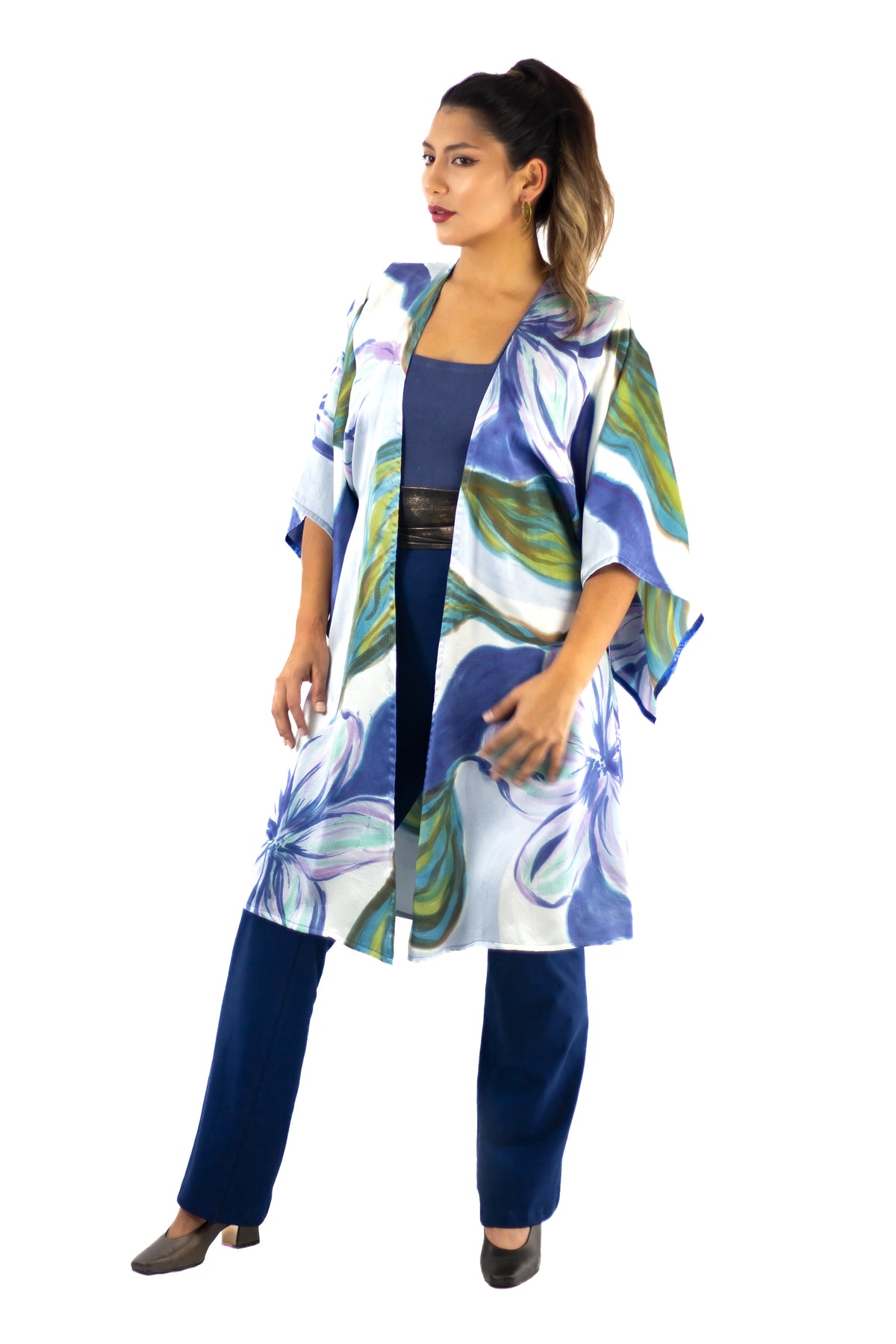 Hand Painted Silk Kimono (Mid Length) - Blue Magnolia