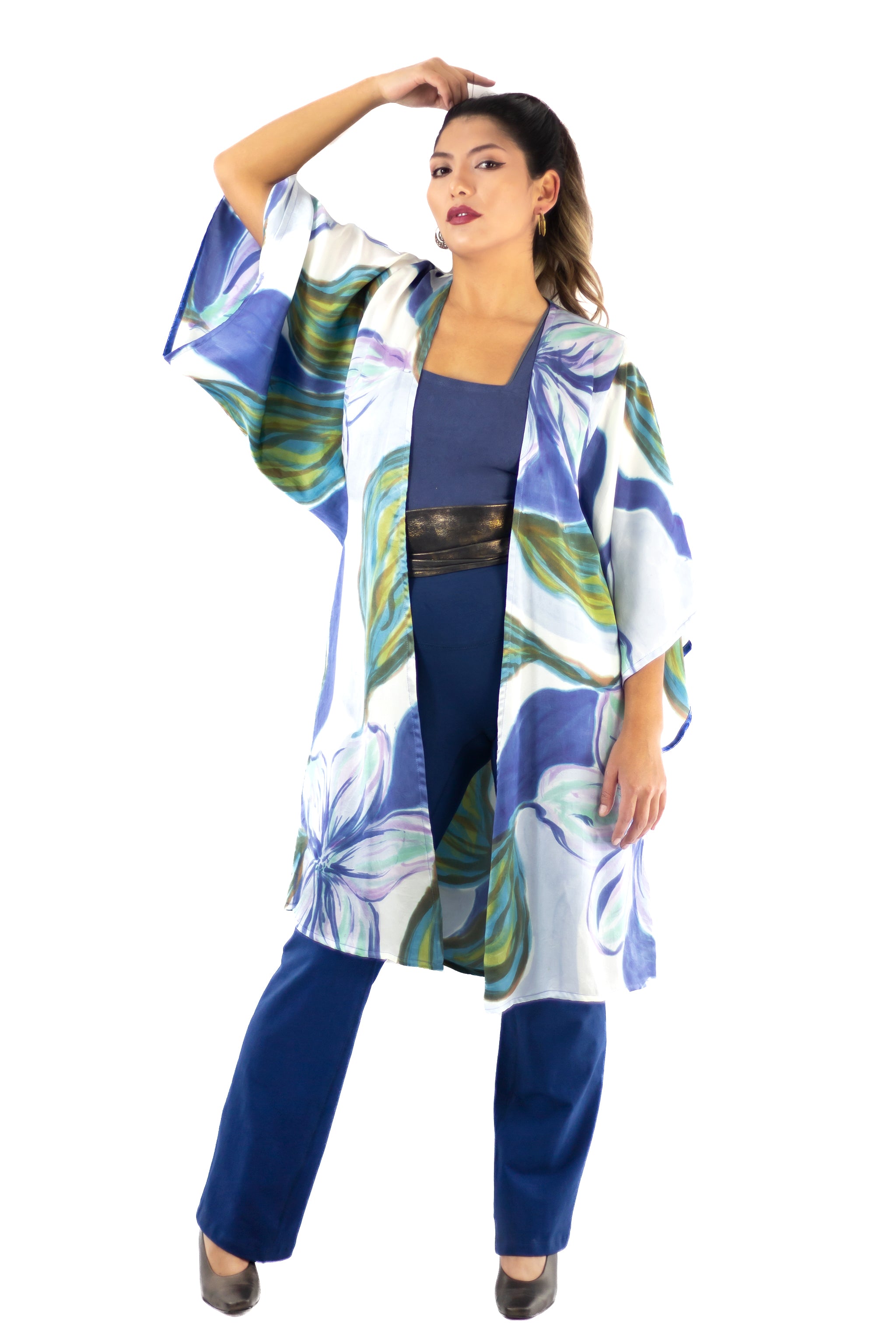 Hand Painted Silk Kimono (Mid Length) - Blue Magnolia
