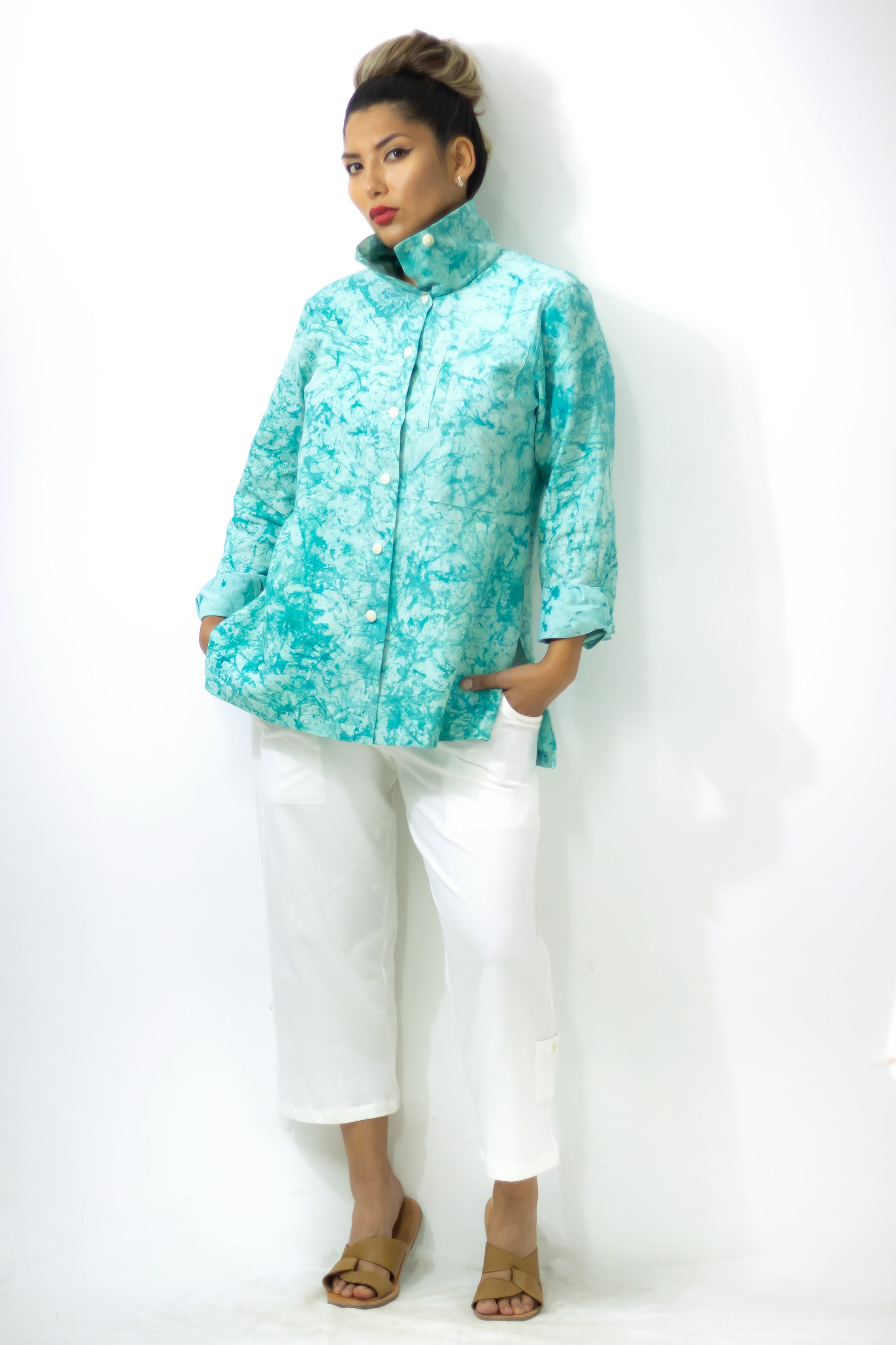 Hi-Collar Shirt 1182 - Aqua Crackle