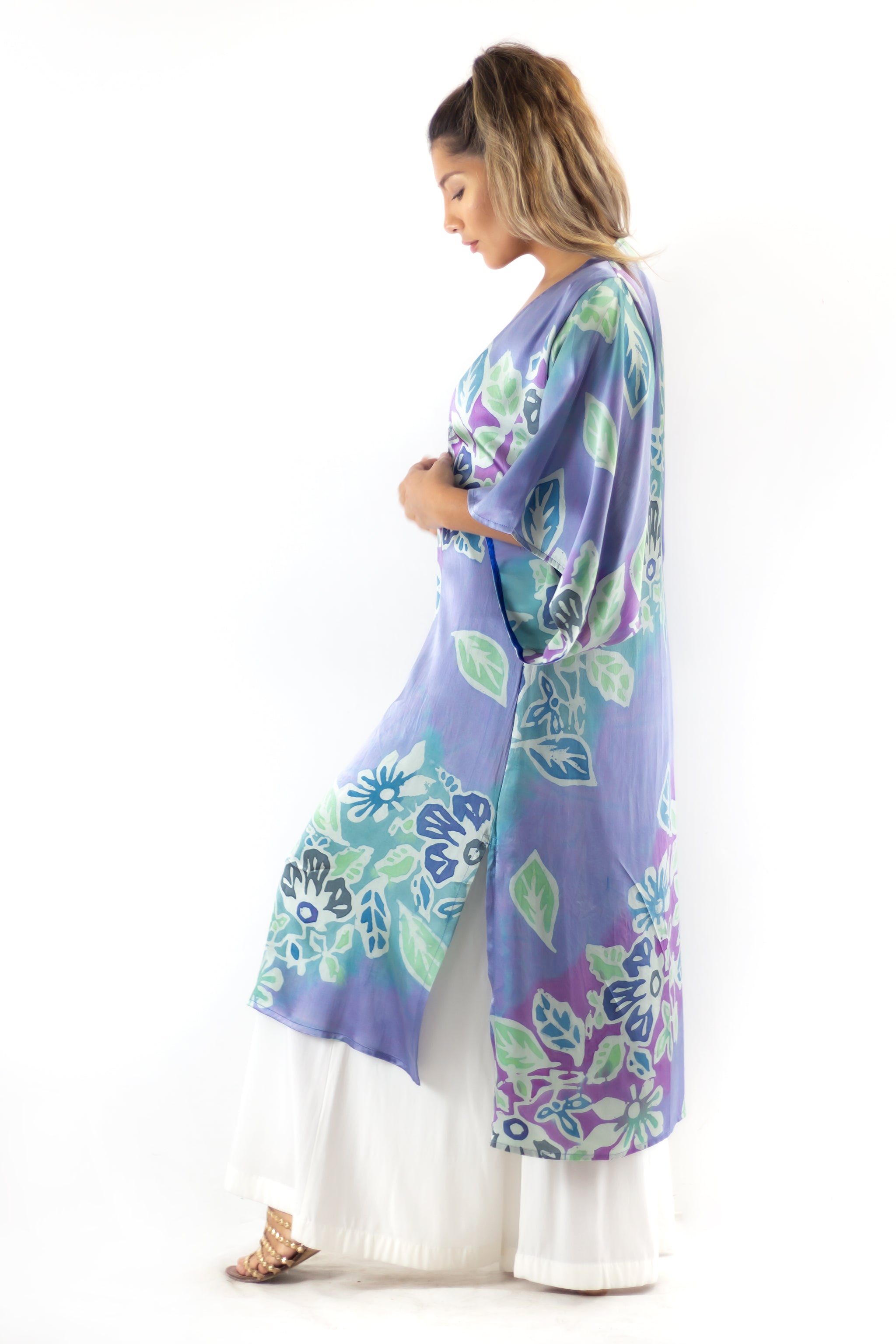 Hand Painted Long Silk Kimono 6669L - Floral Reef