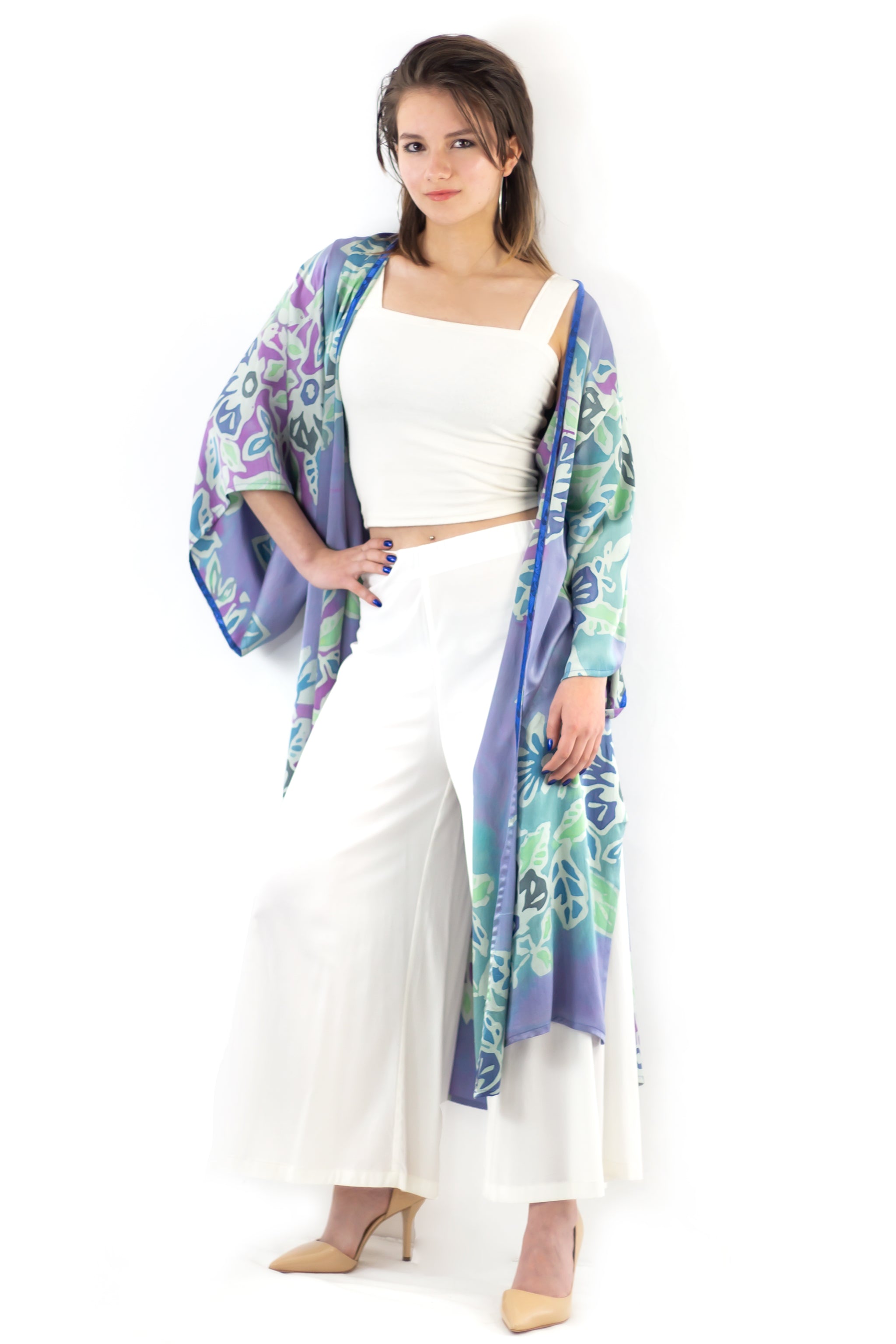 Hand Painted Long Silk Kimono 6669L - Floral Reef
