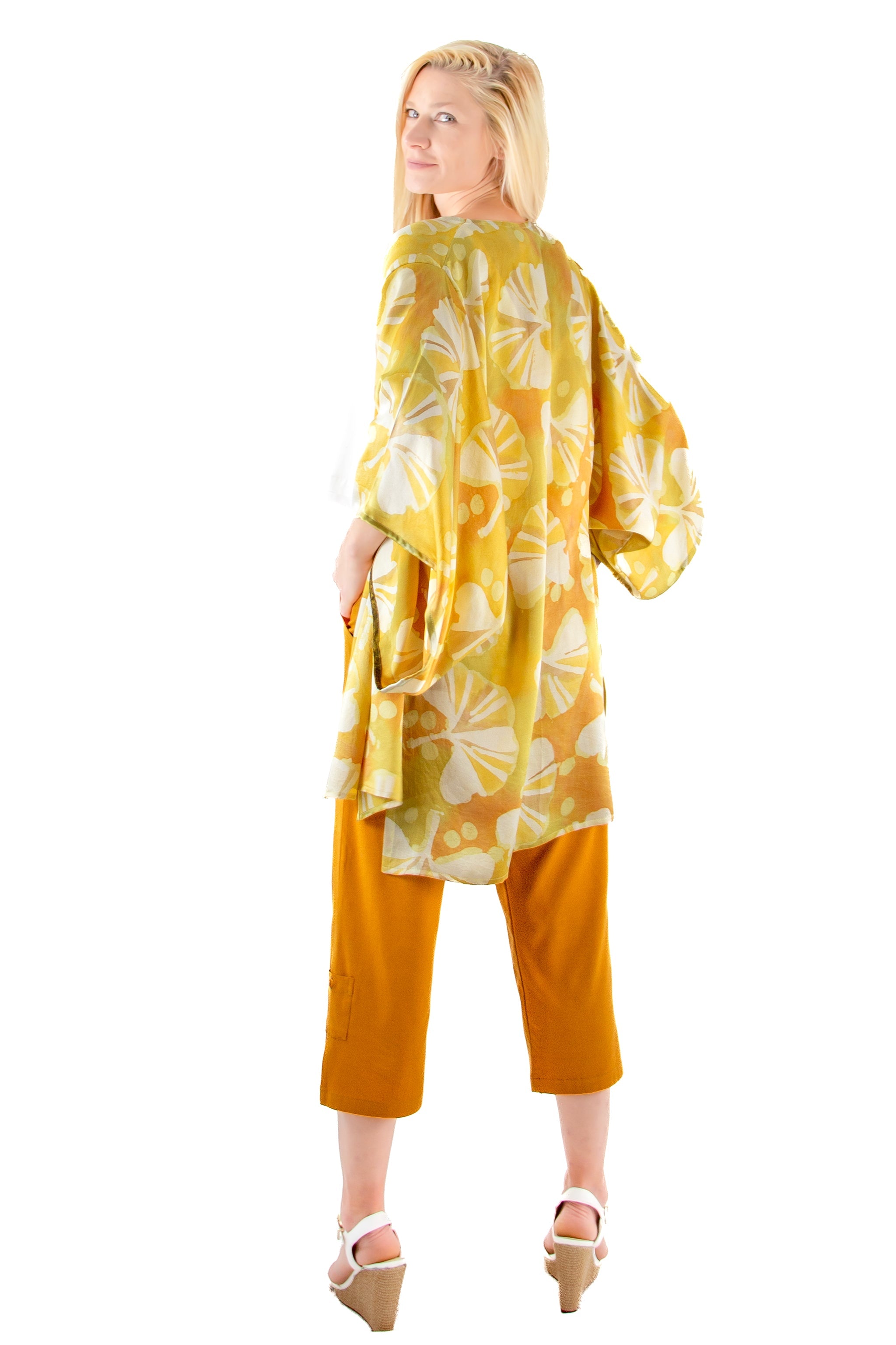Hand Painted Silk Kimono 6669S - Ginkgo Gold