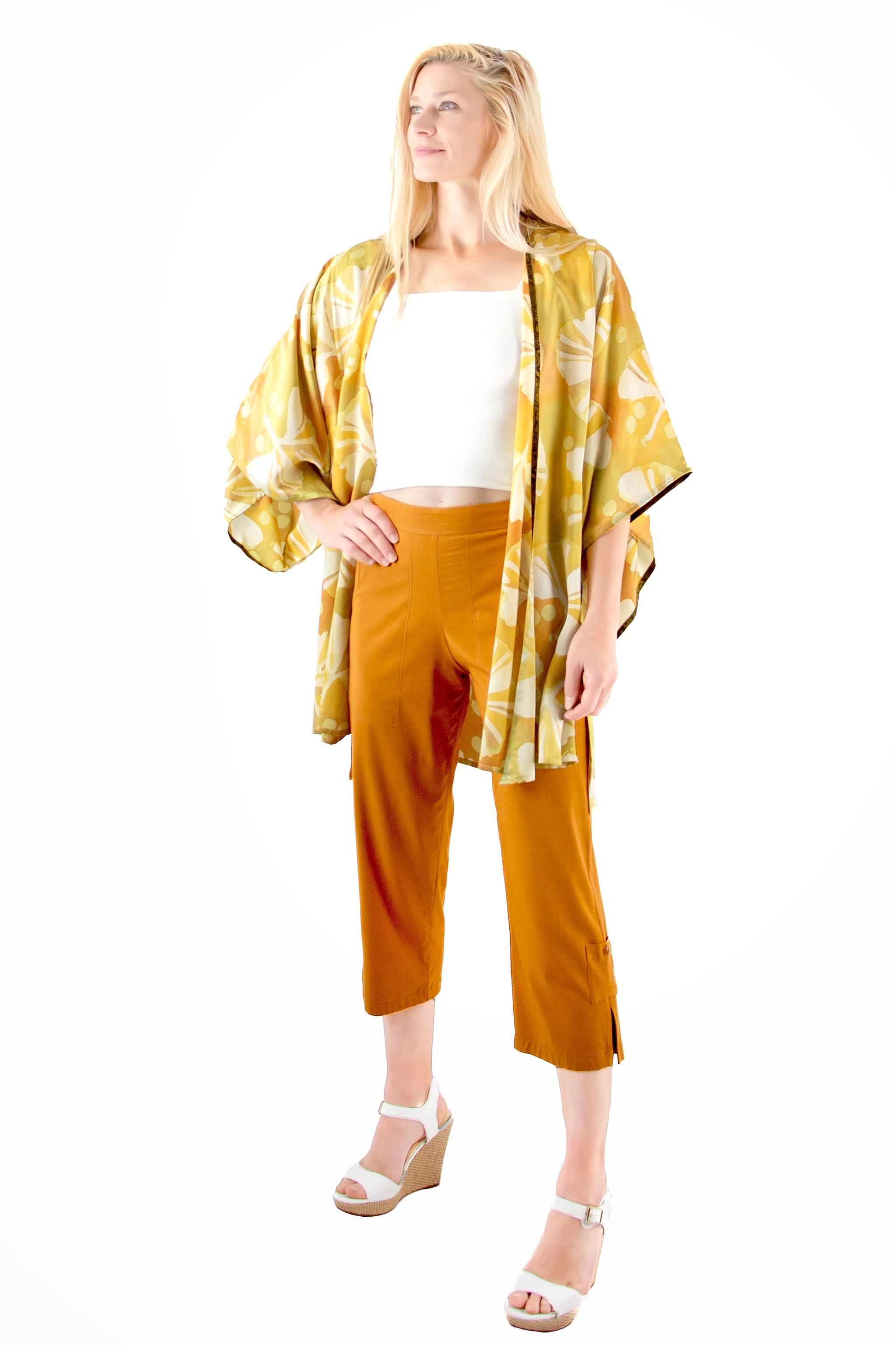 Hand Painted Silk Kimono 6669S - Ginkgo Gold