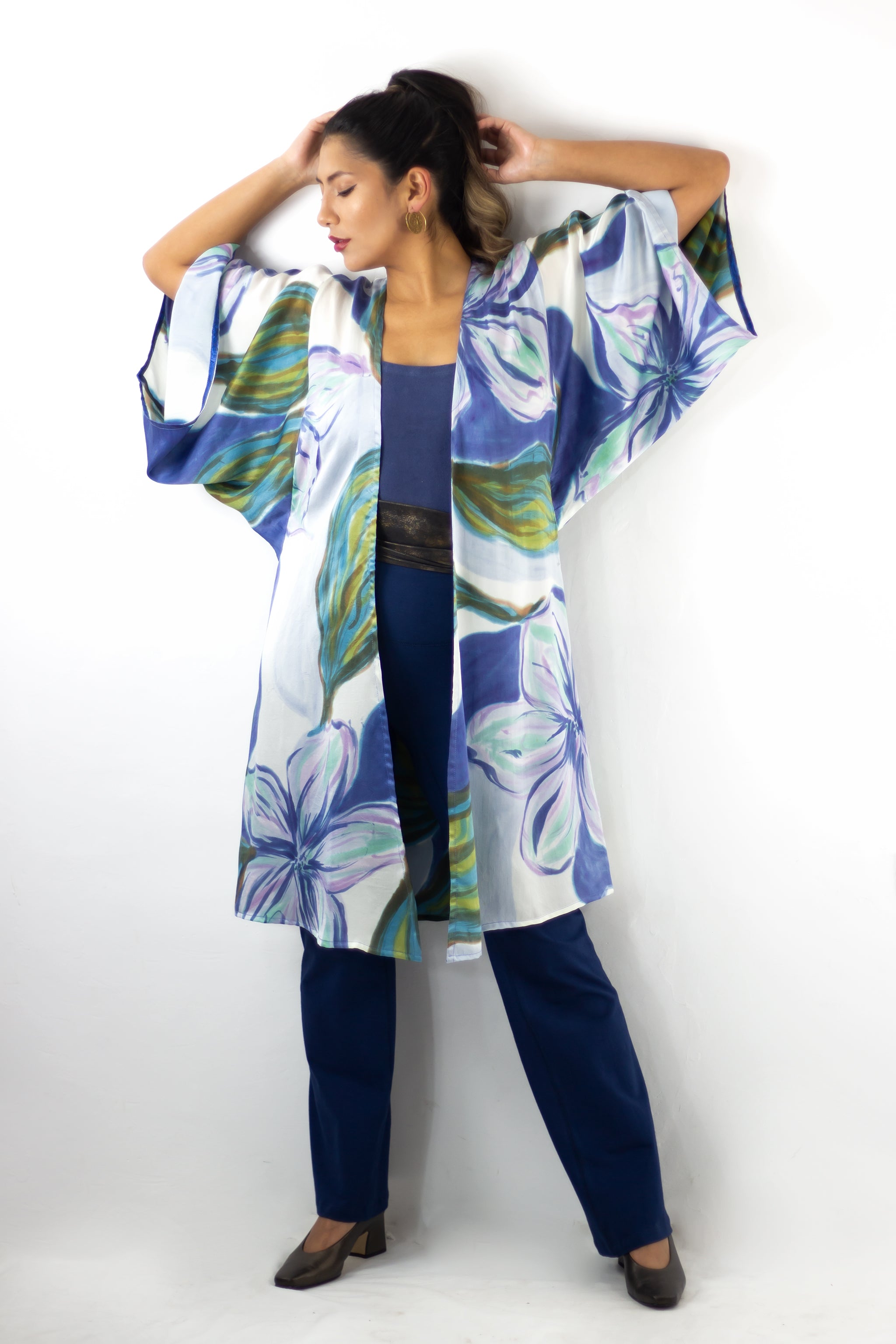 Hand Painted Silk Kimono 6669M - Blue Magnolia