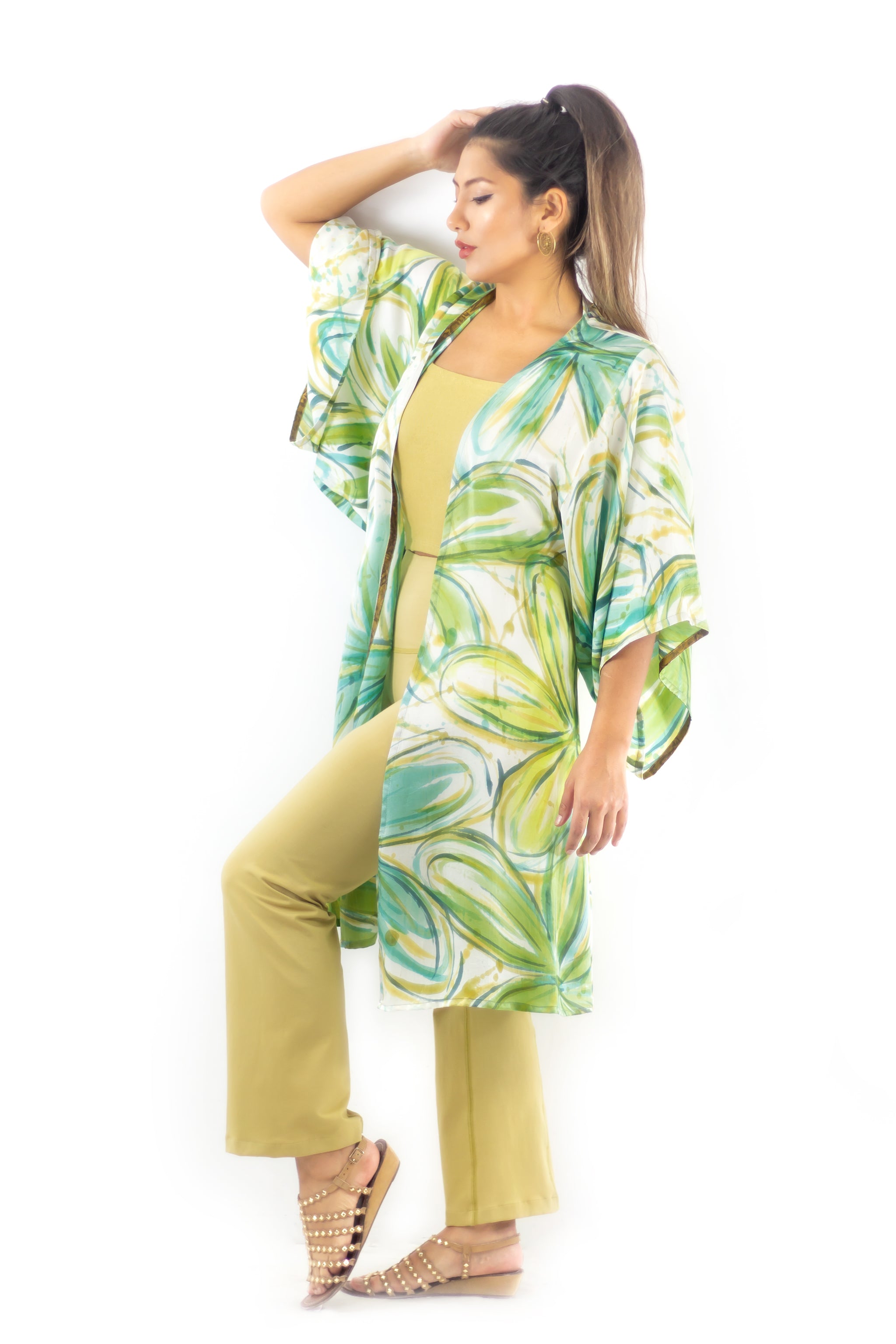 Hand Painted Silk Kimono (Mid Length) - Flower Power