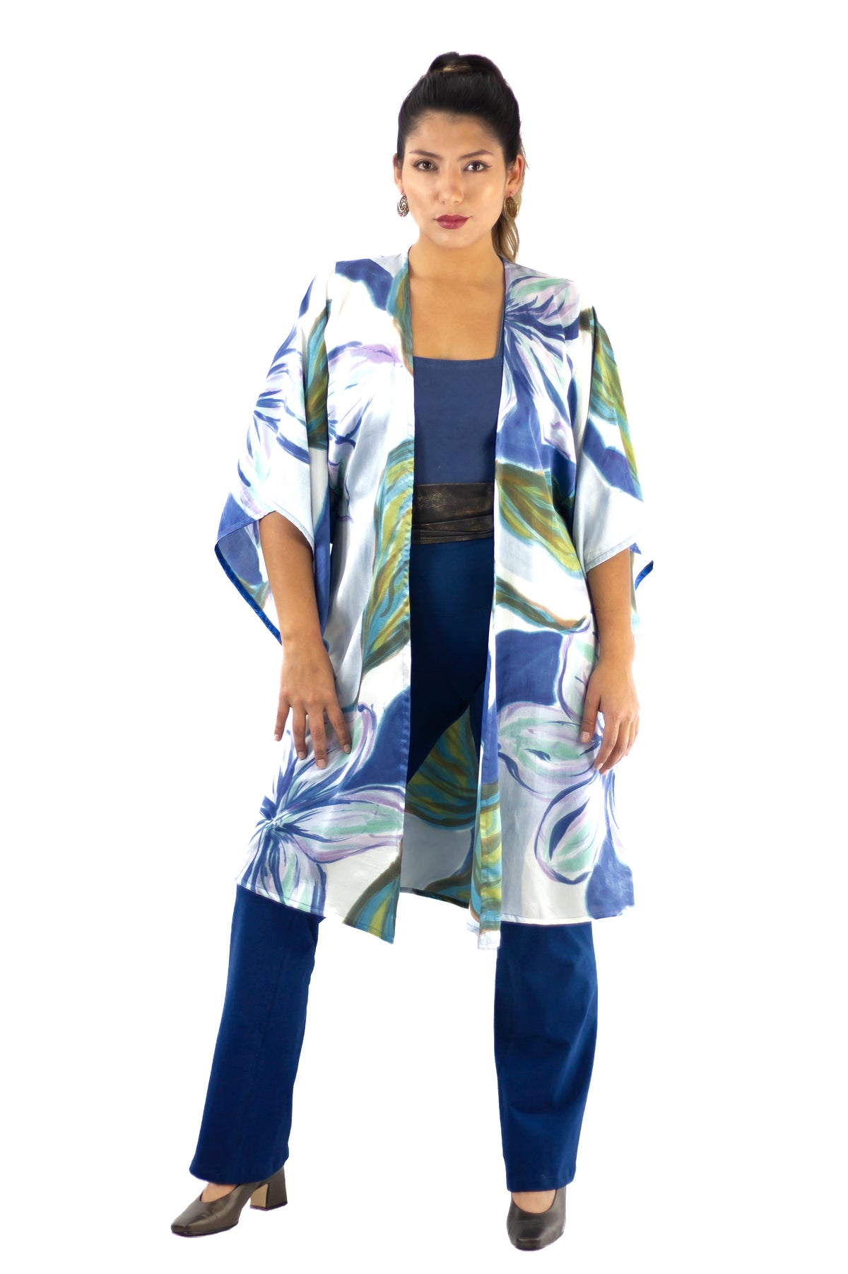 Hand Painted Silk Kimono (Mid Length) - Blue Magnolia