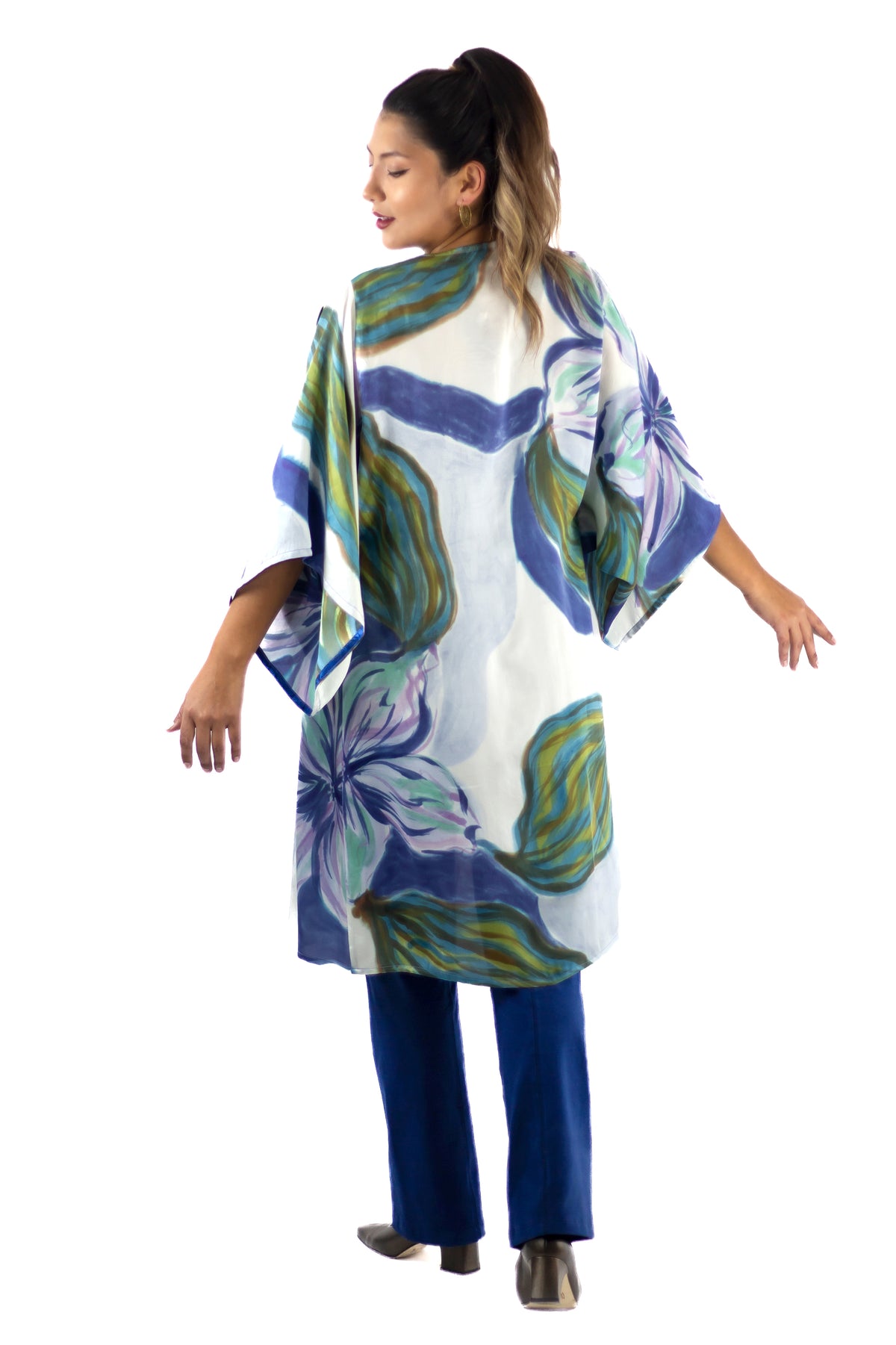 Hand Painted Silk Kimono (Mid Length) - Blue Magnolia