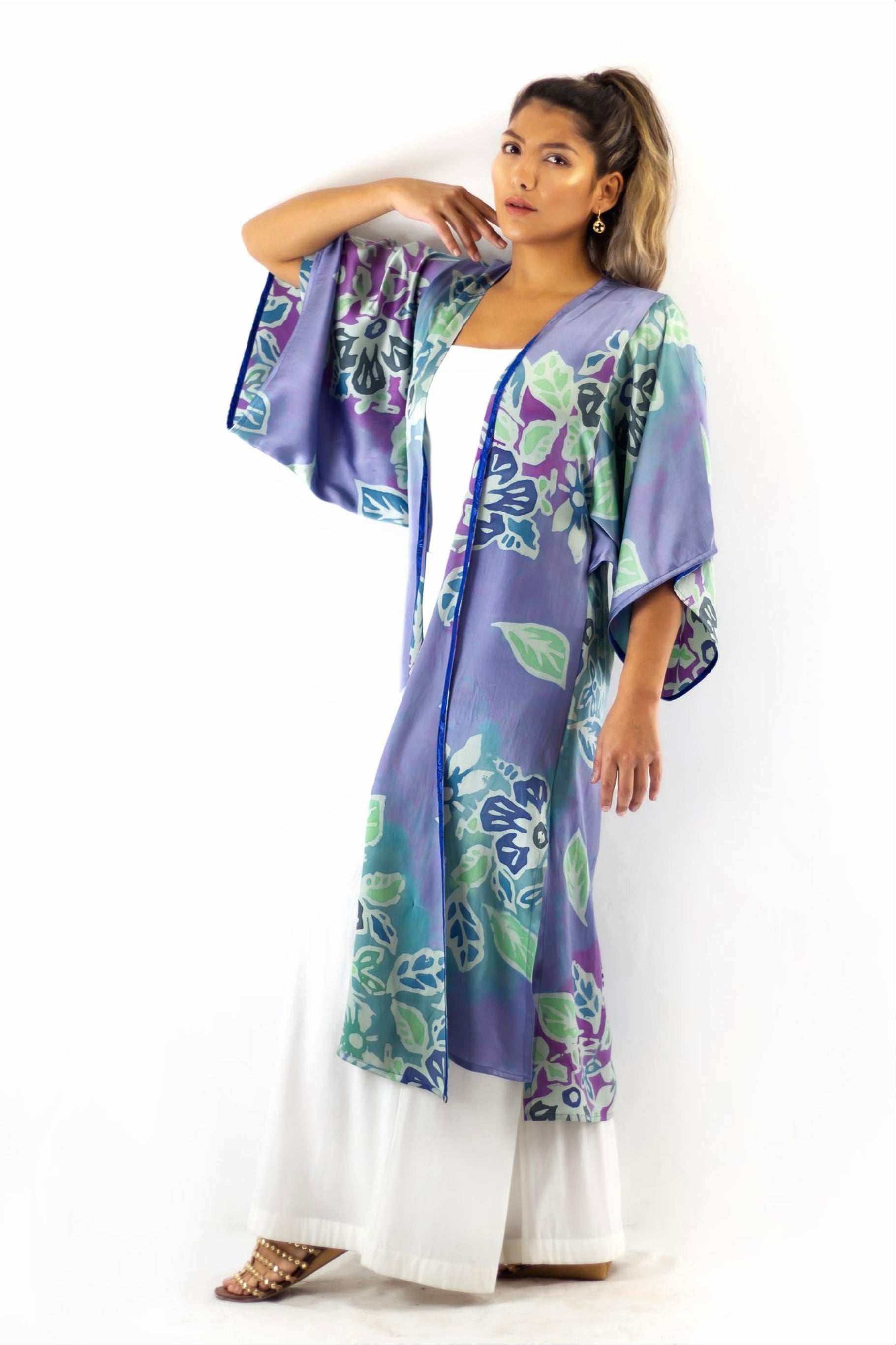 Hand Painted Silk Kimono (Mid Length) - Floral Reef