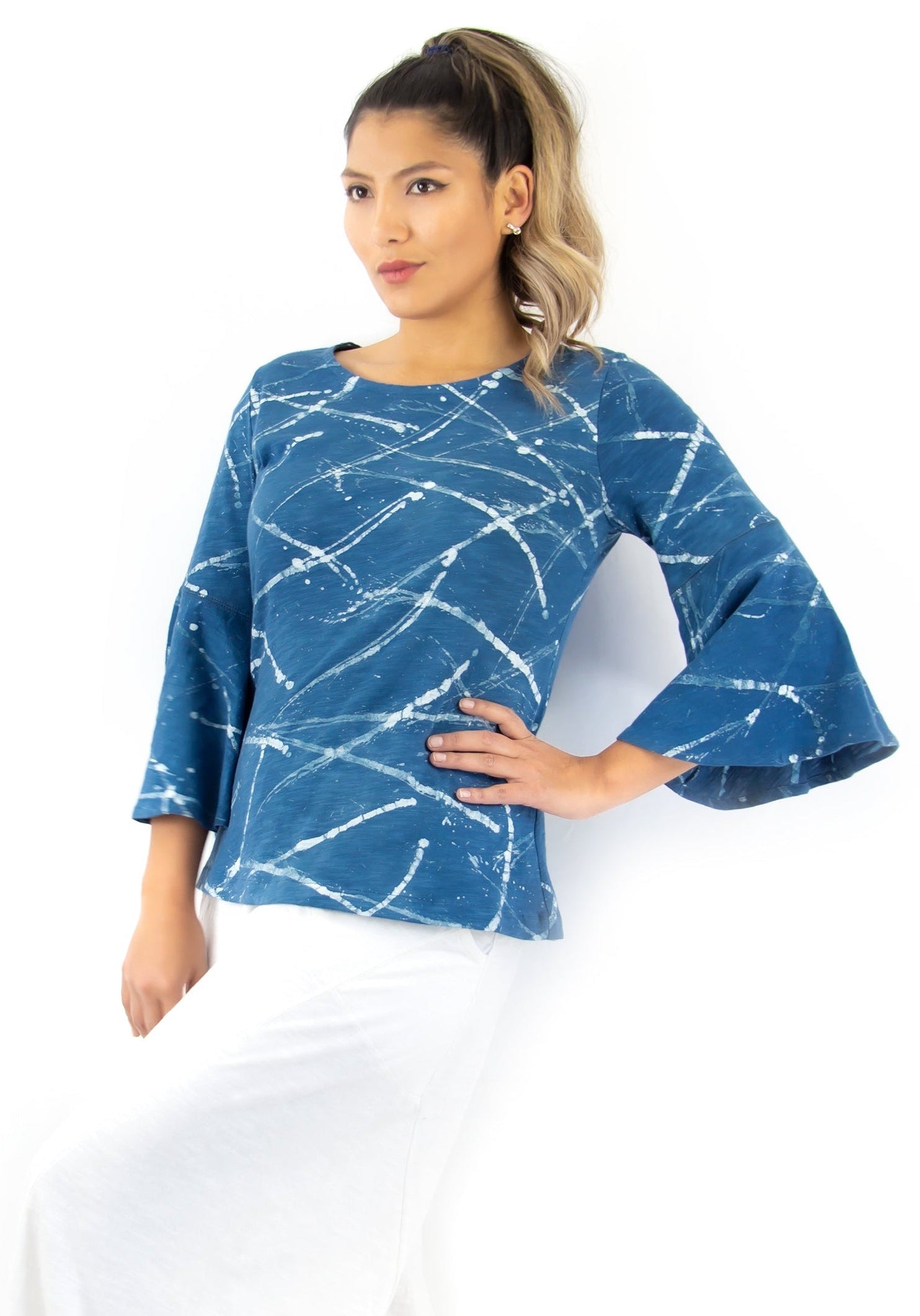 Flare Sleeve Top - Collide Motif - Indigo