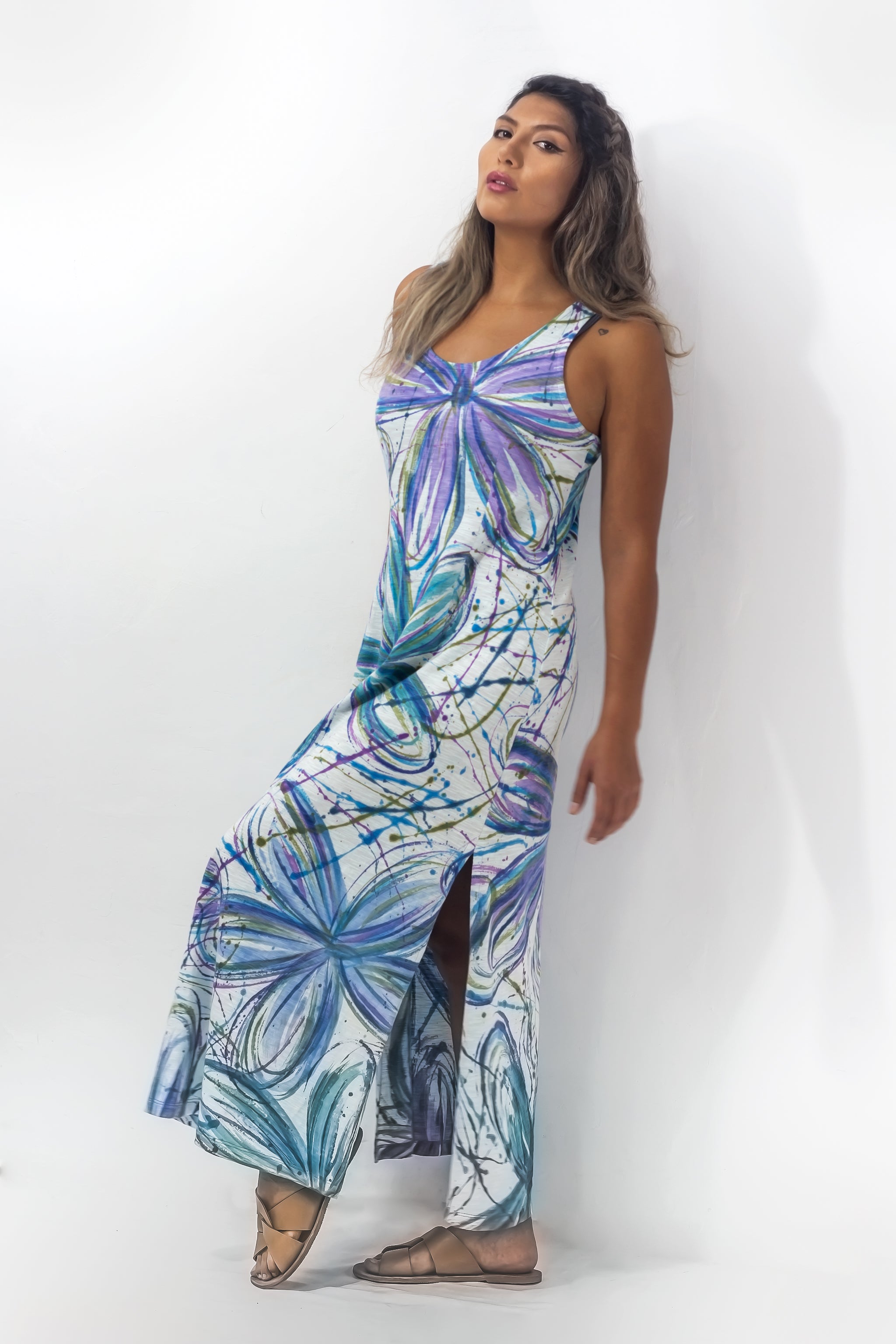 Long Tank Dress - Flower Power Blues