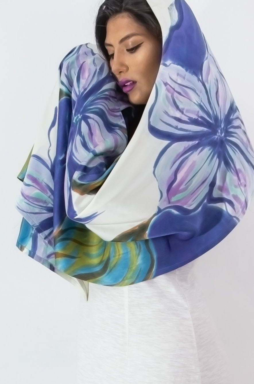 Hand Painted Silk Scarf -Blue Magnolia