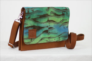 Hand painted, leather trimmed cross body tote with the green and blue “Boo Verdi Blue” pattern #2