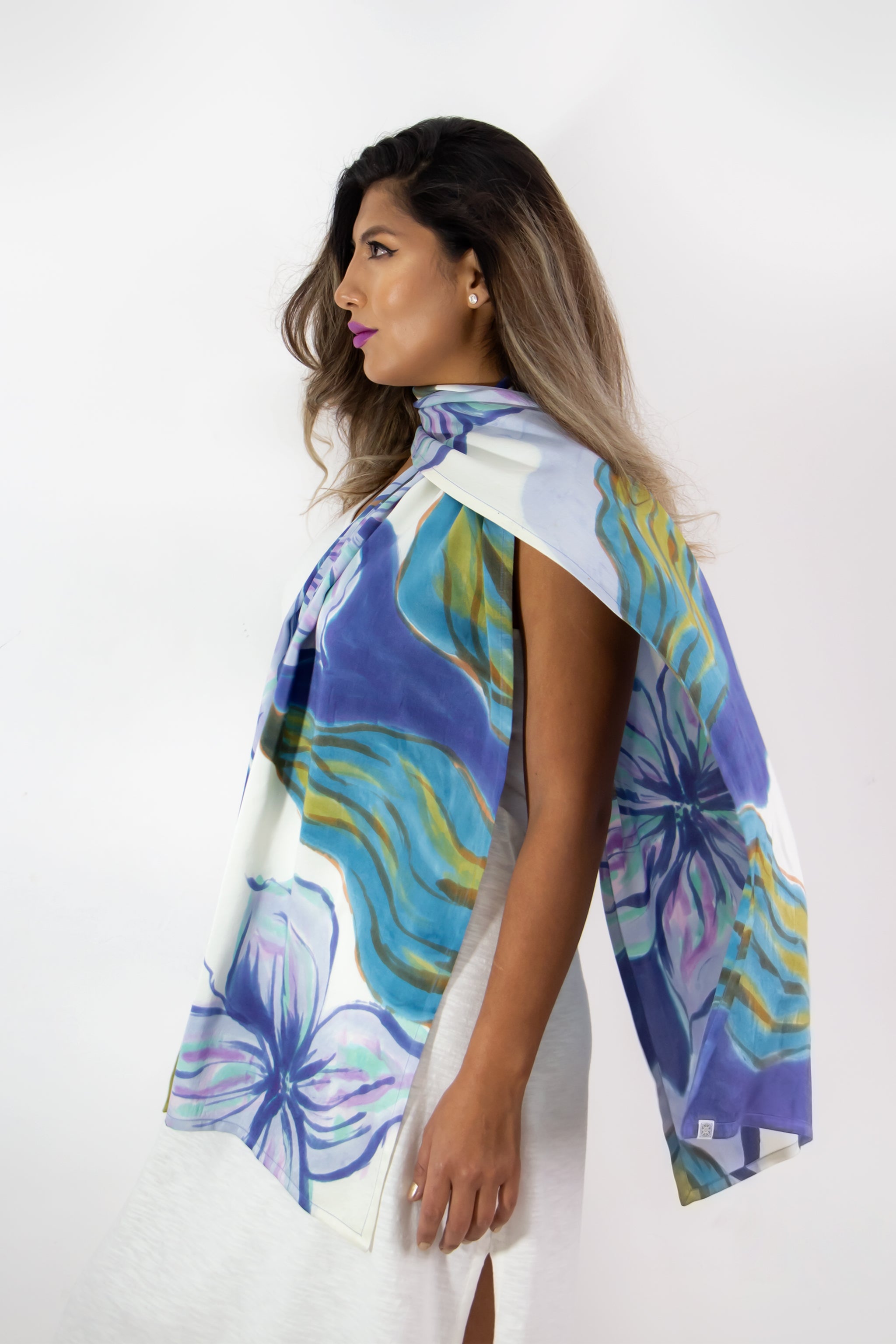 Hand Painted Silk Scarf -Blue Magnolia