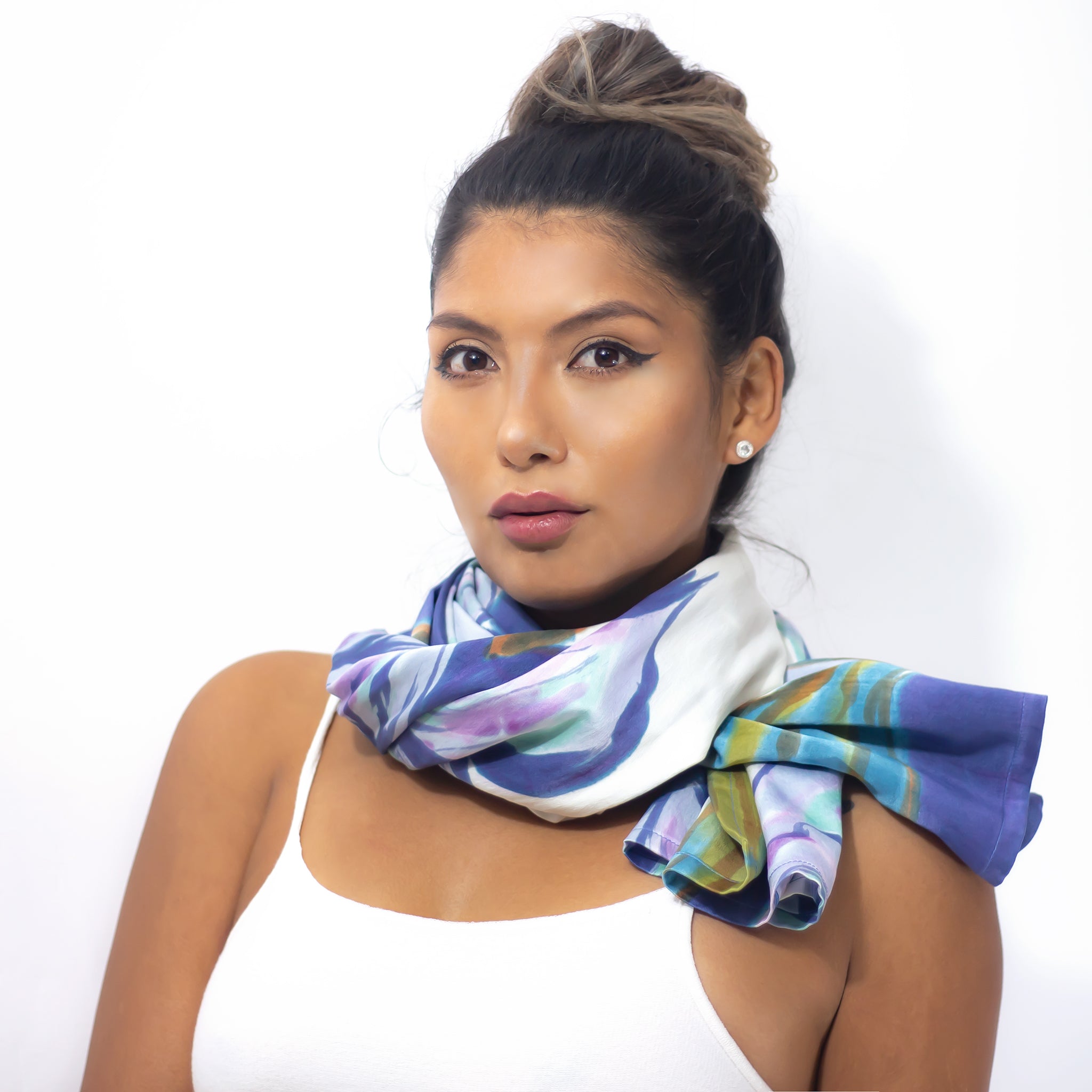 Hand Painted Silk Scarf -Blue Magnolia